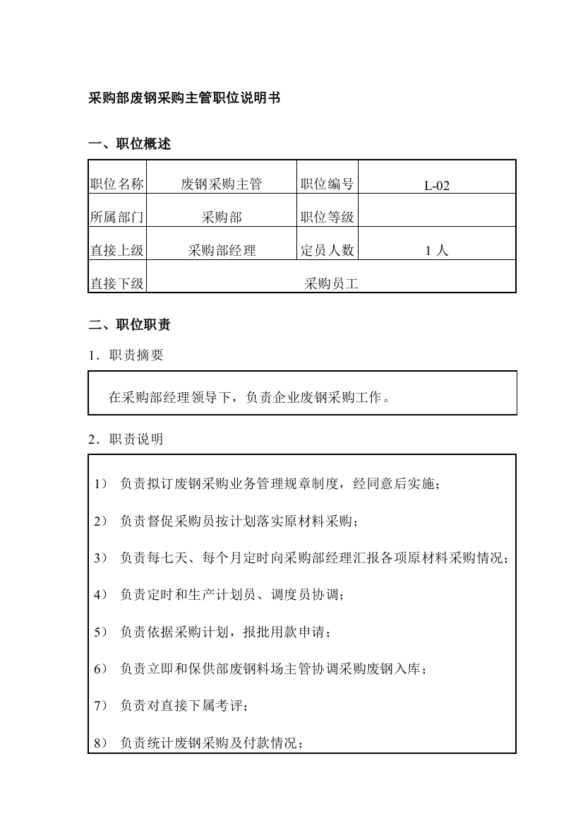 公司采购部废钢采购主管职位说明书样本