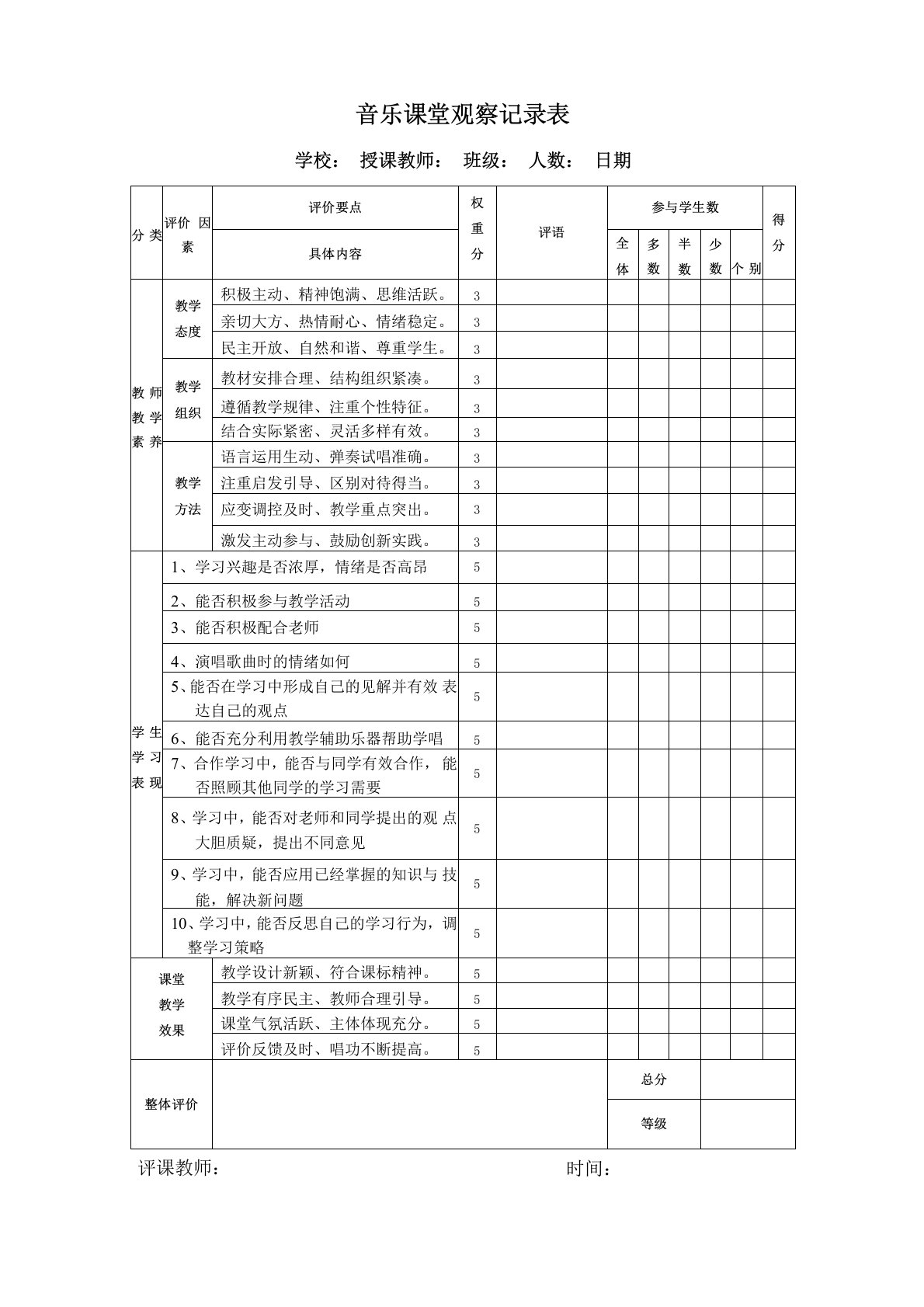 音乐课堂观察记录表