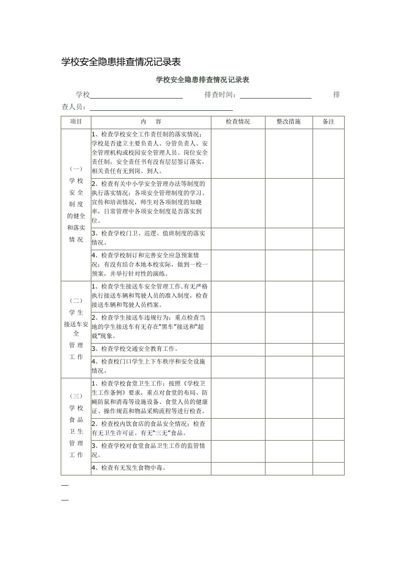 学校安全隐患排查情况记录表