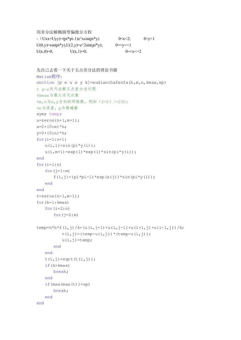 五点差分法(matlab)解椭圆型偏微分方程