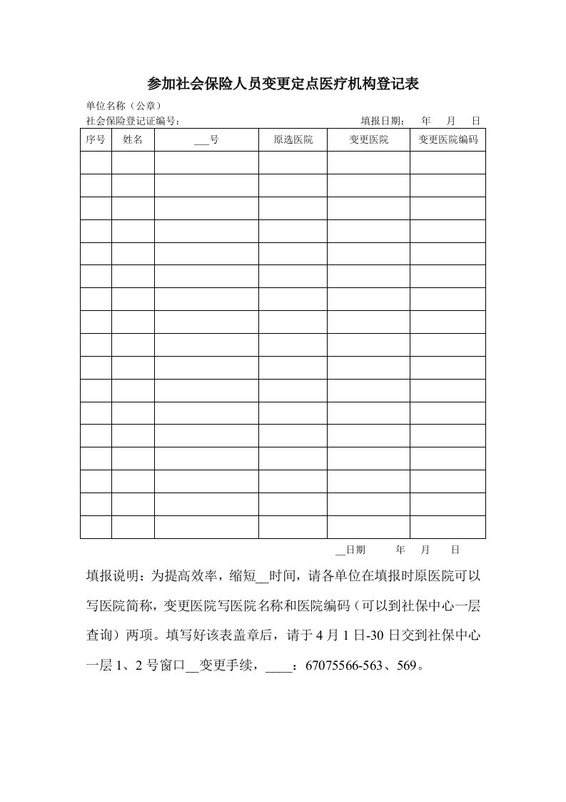 参加社会保险人员变更定点医疗机构登记表