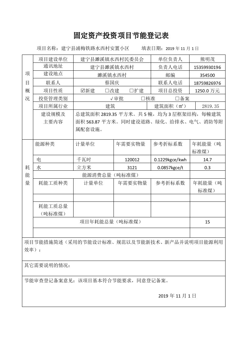 固定资产投资项目节能登记表