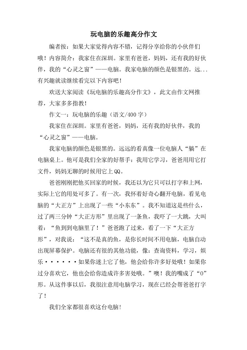 玩电脑的乐趣高分作文