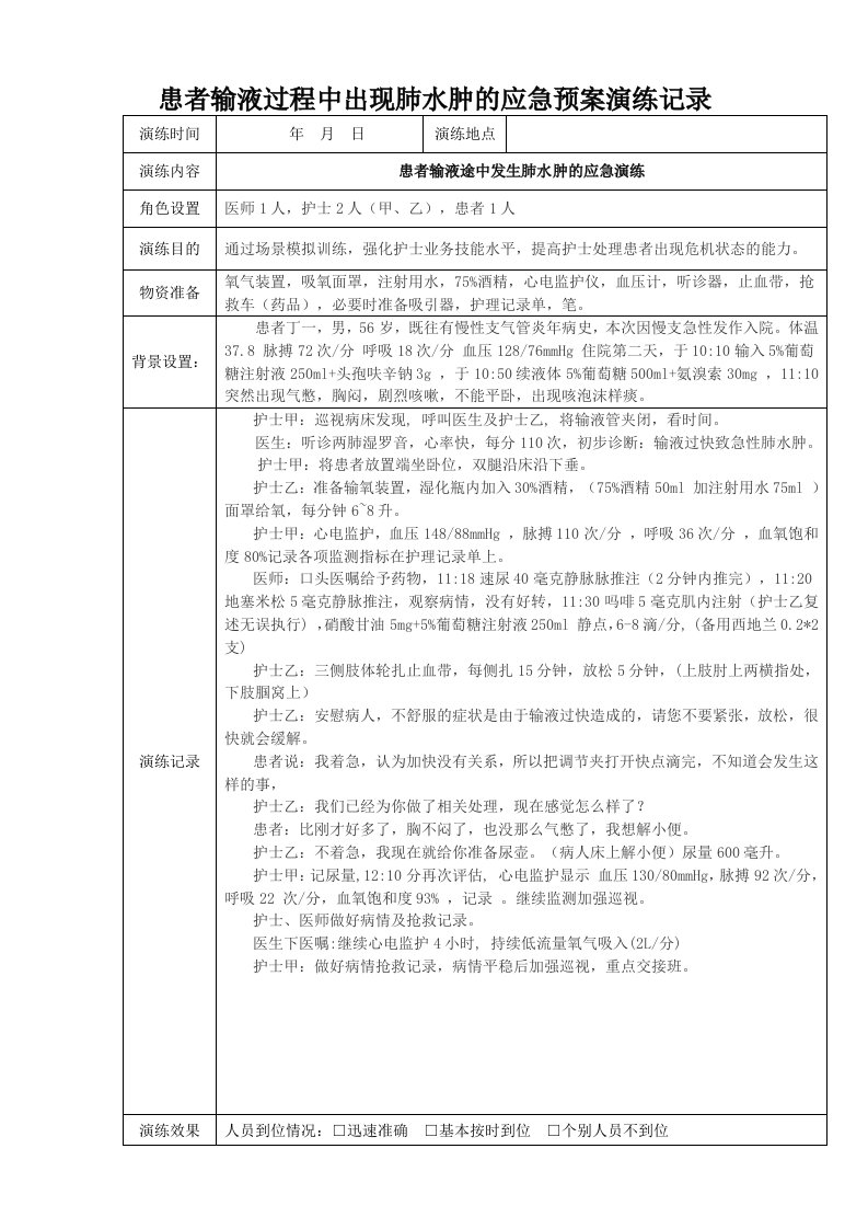 患者输液过程中出现肺水肿的应急预案演练记录