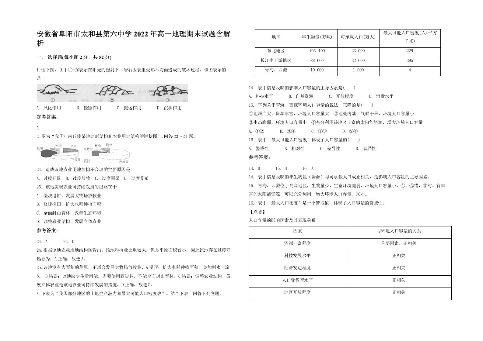 安徽省阜阳市太和县第六中学2022年高一地理期末试题含解析