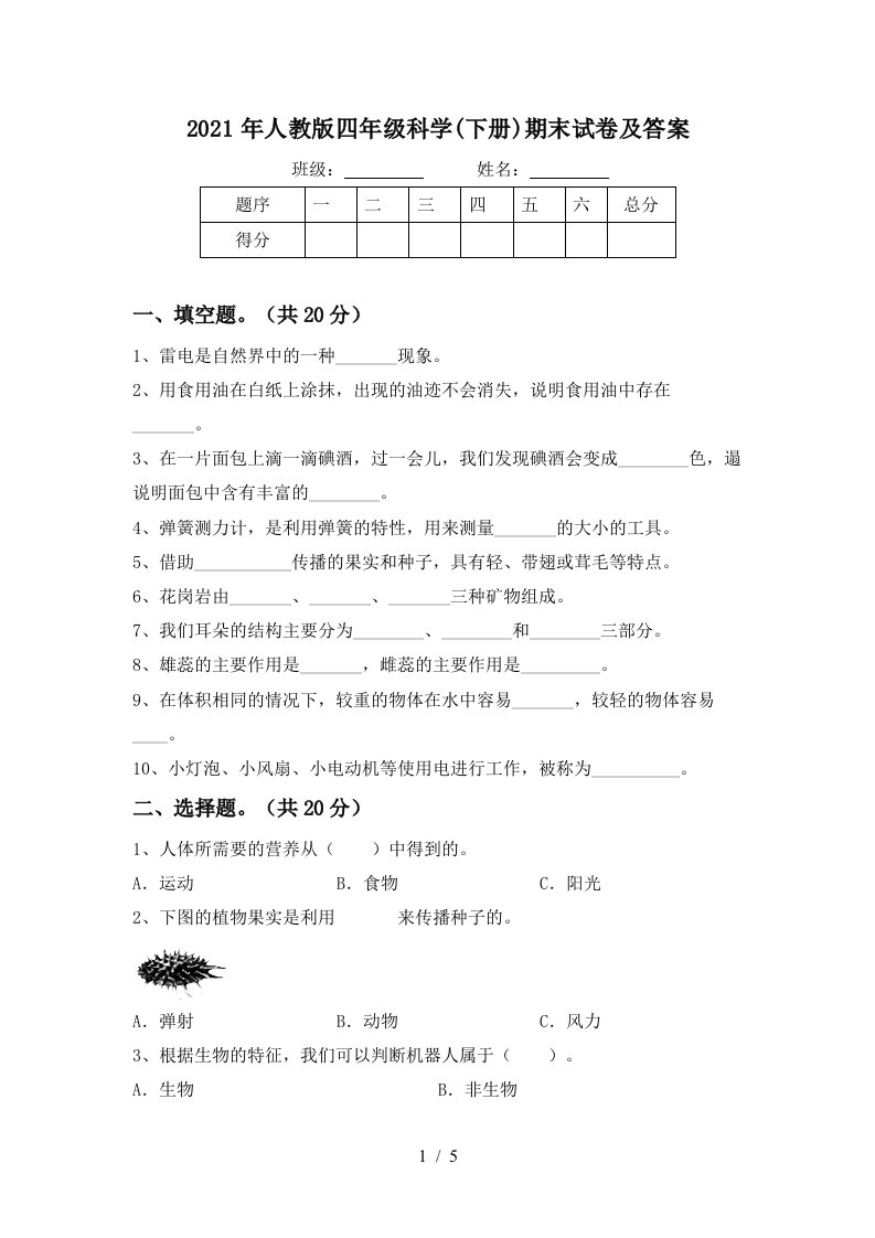 2021年人教版四年级科学下册期末试卷及答案