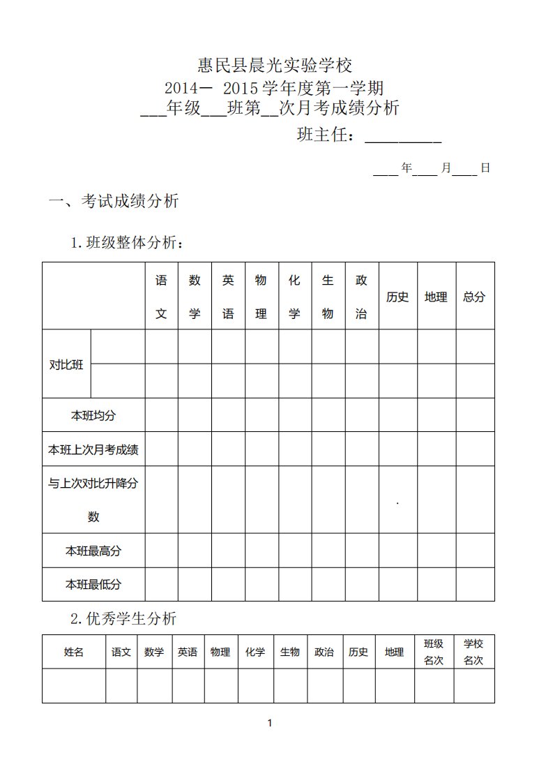 班主任班级成绩分析模板课件