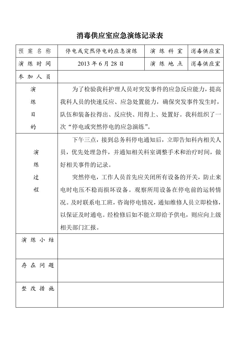 停电、突然停电应急预案演练记录表