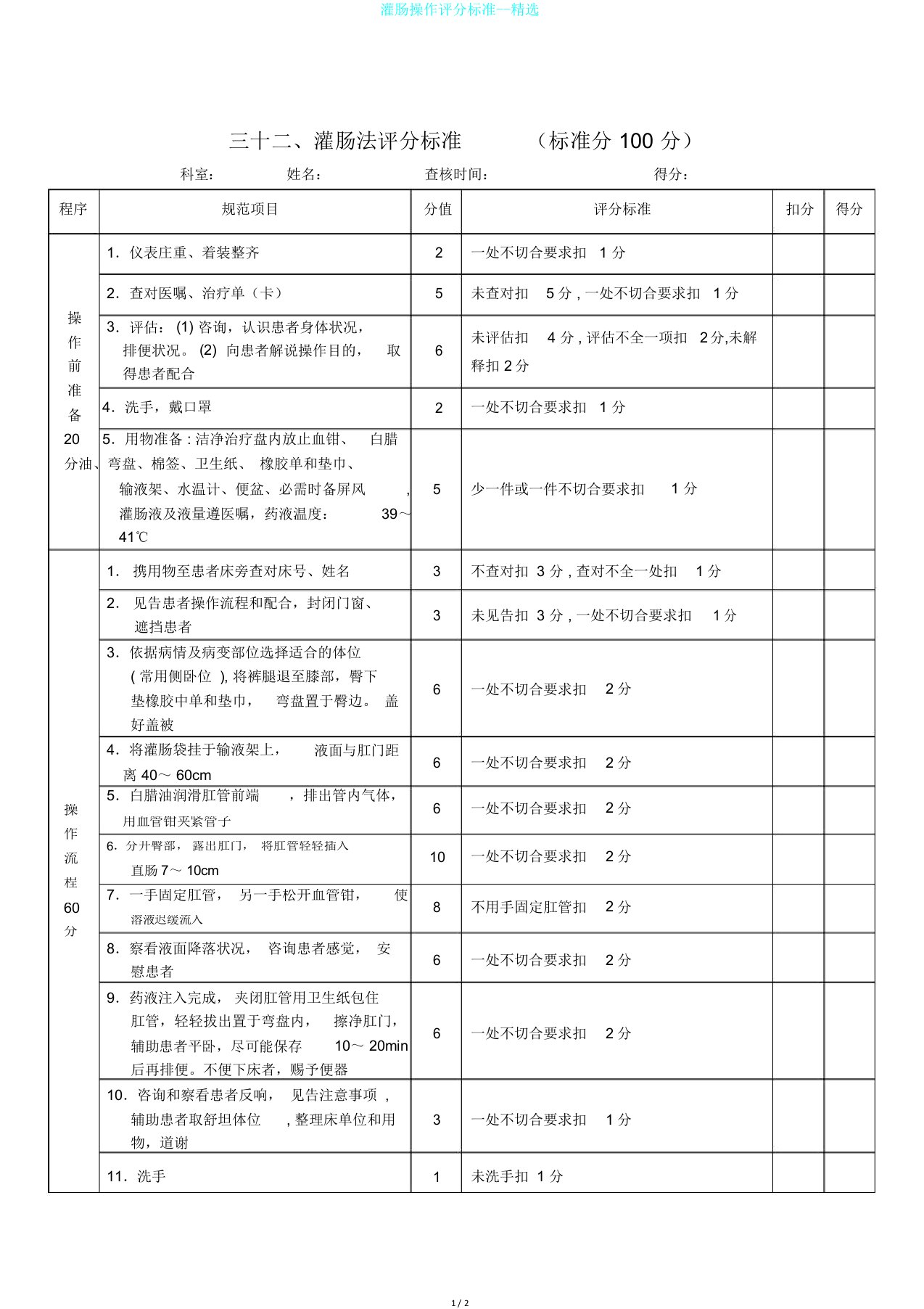 灌肠操作评分标准