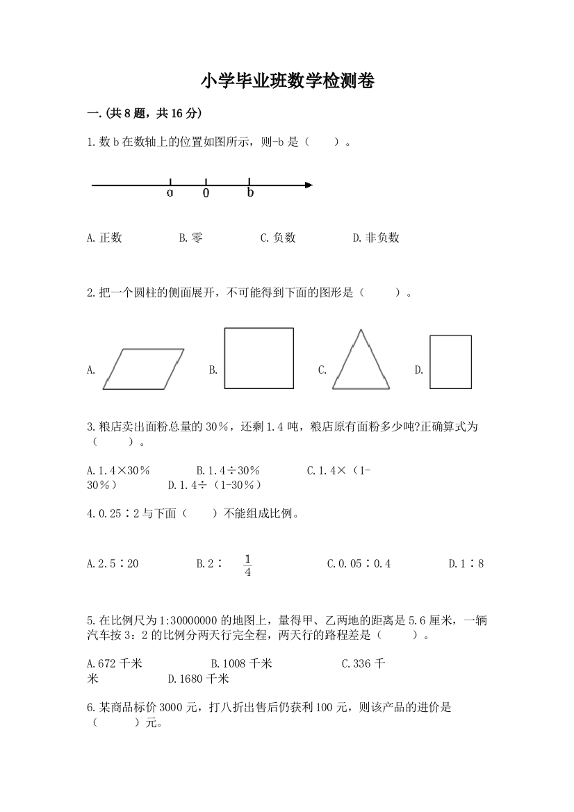 小学毕业班数学检测卷（黄金题型）