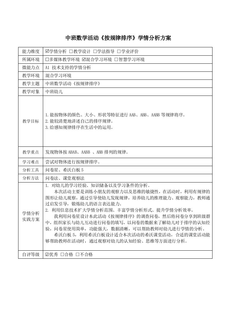 中班数学活动《按规律排序》学情分析方案