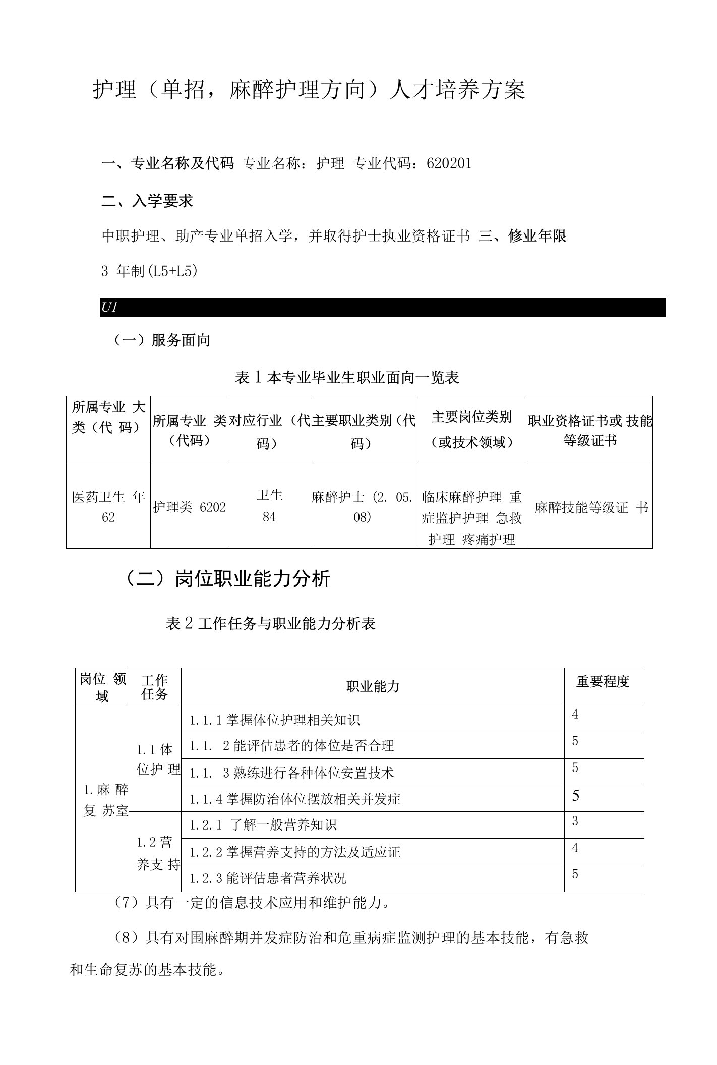 护理（单招，麻醉护理方向）人才培养方案（高职）