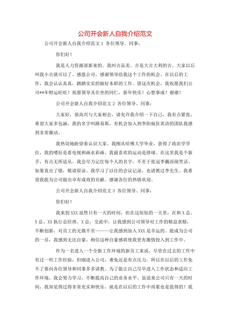 公司开会新人自我介绍范文