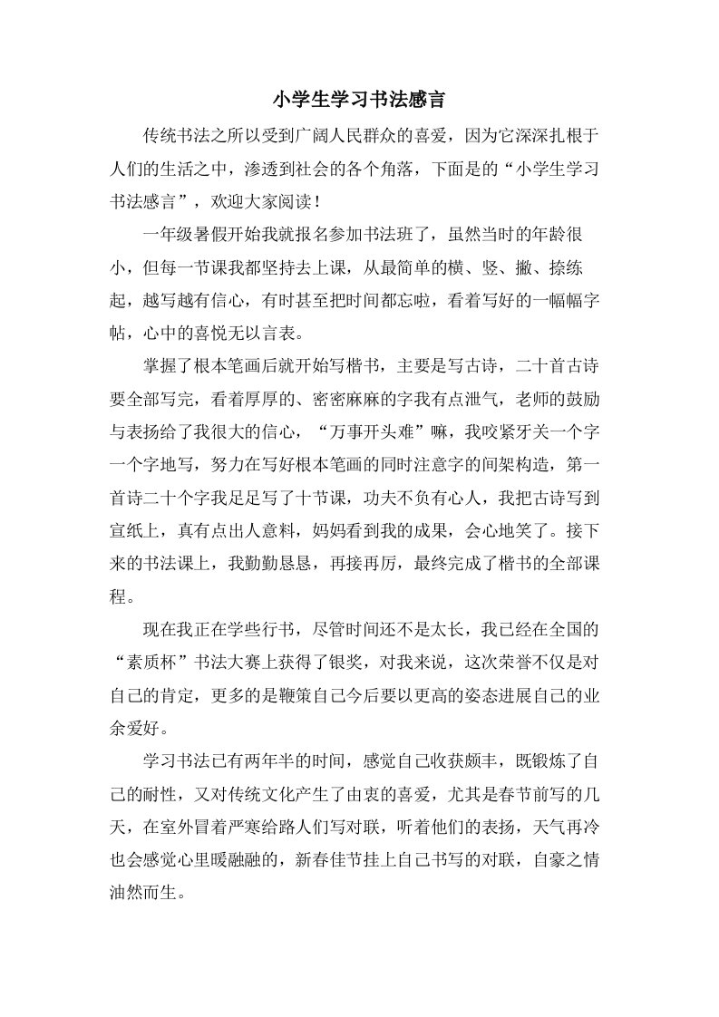 小学生学习书法感言