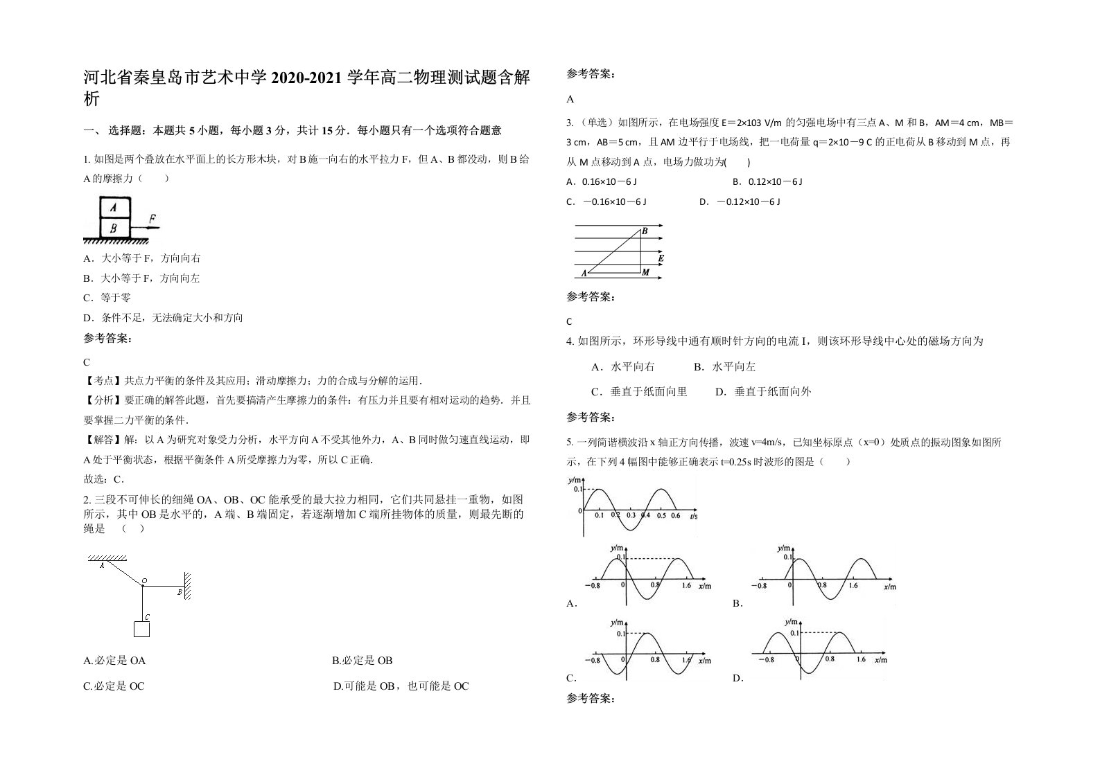 河北省秦皇岛市艺术中学2020-2021学年高二物理测试题含解析