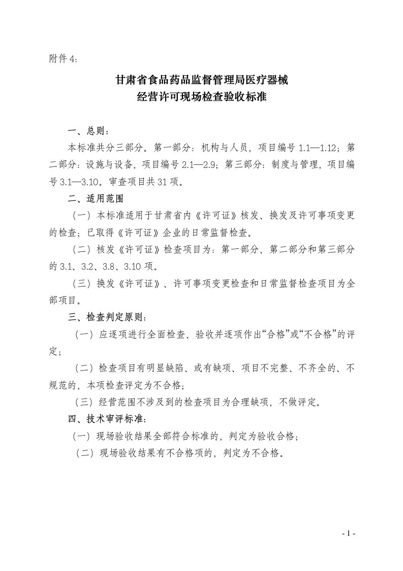 附件4《甘肃省食品药品监督管理局医疗器械经营许可证现场检查验