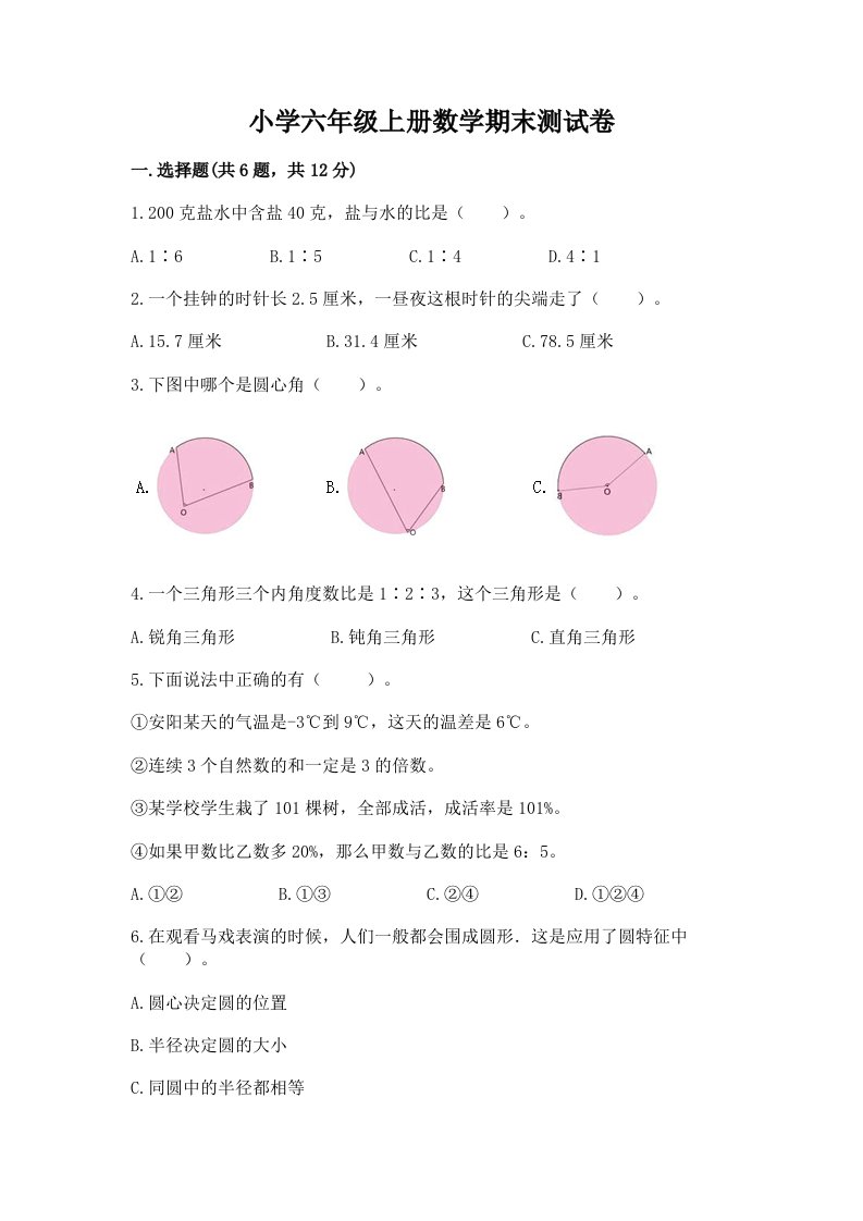 小学六年级上册数学期末测试卷（历年真题）