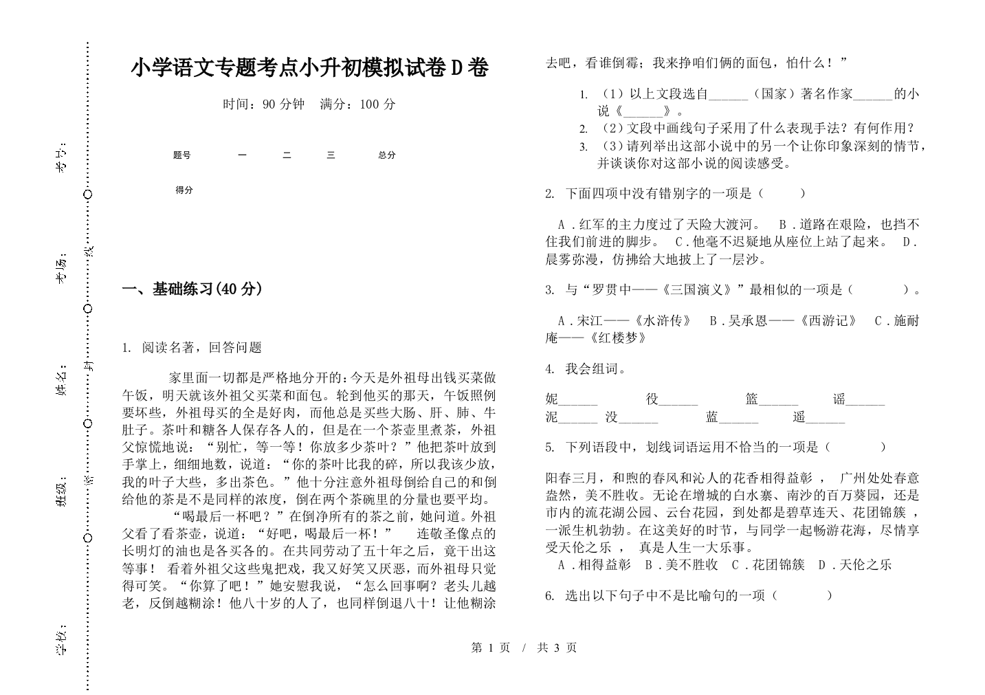 小学语文专题考点小升初模拟试卷D卷