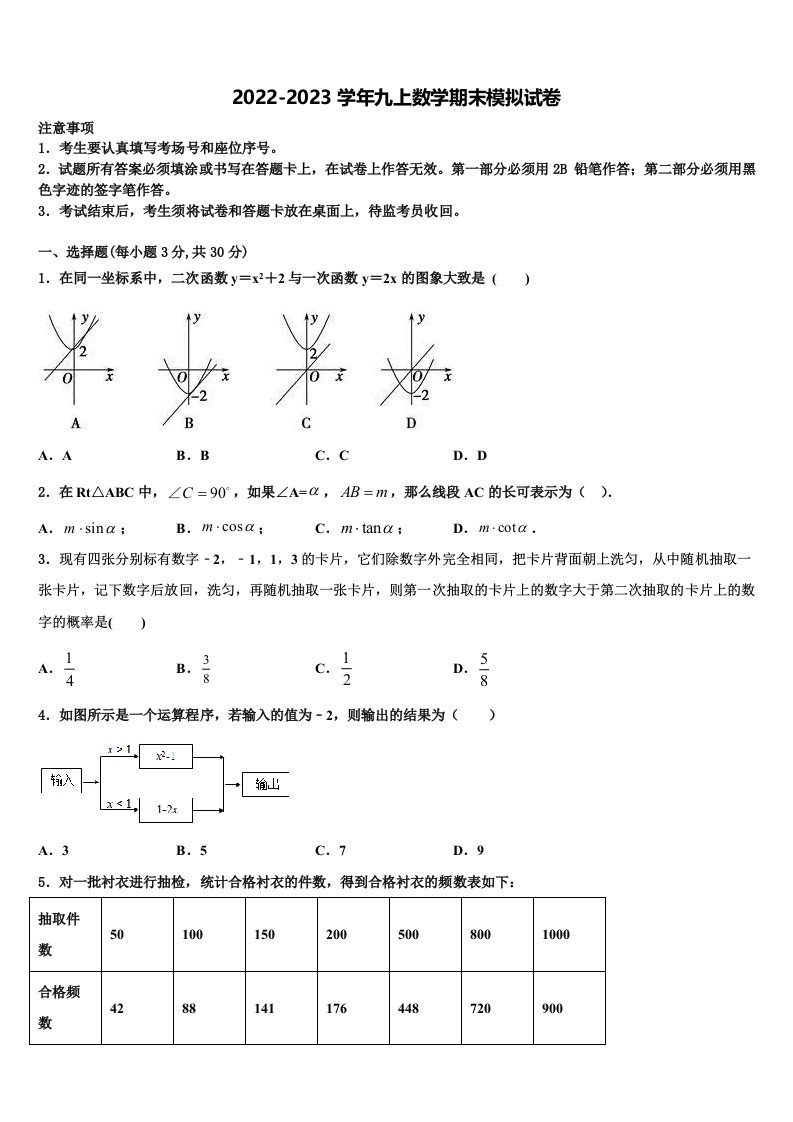 江苏省宝应县山阳中学2022年九年级数学第一学期期末达标测试试题含解析