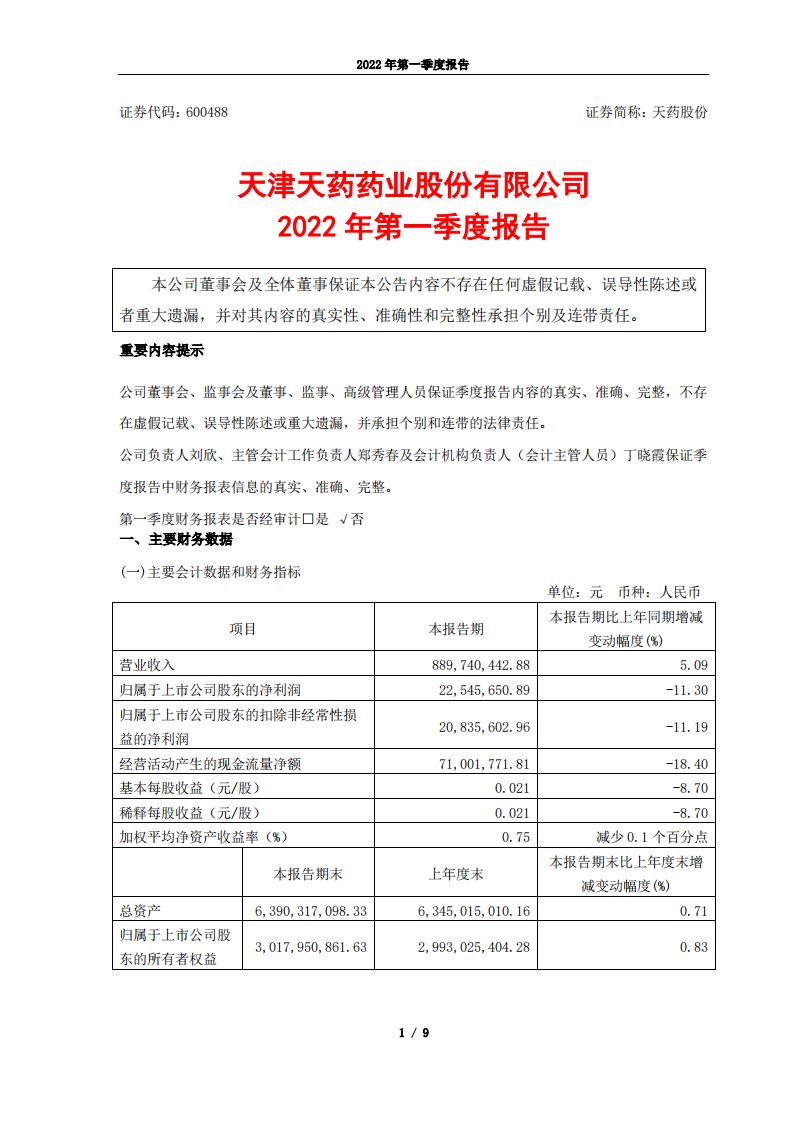 上交所-天津天药药业股份有限公司2022年第一季度报告-20220428