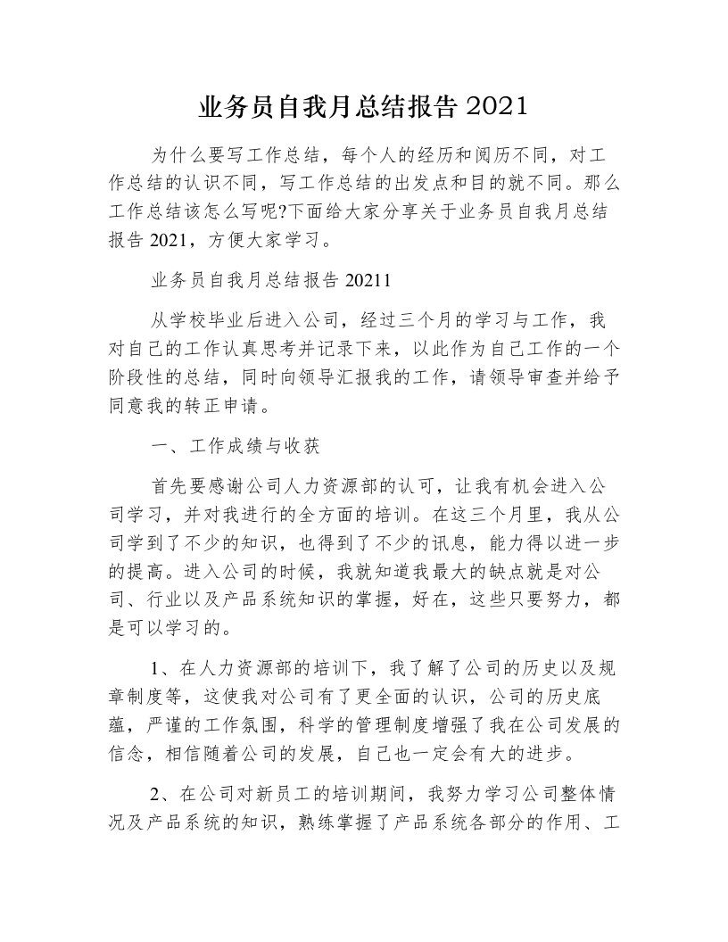 业务员自我月总结报告2021