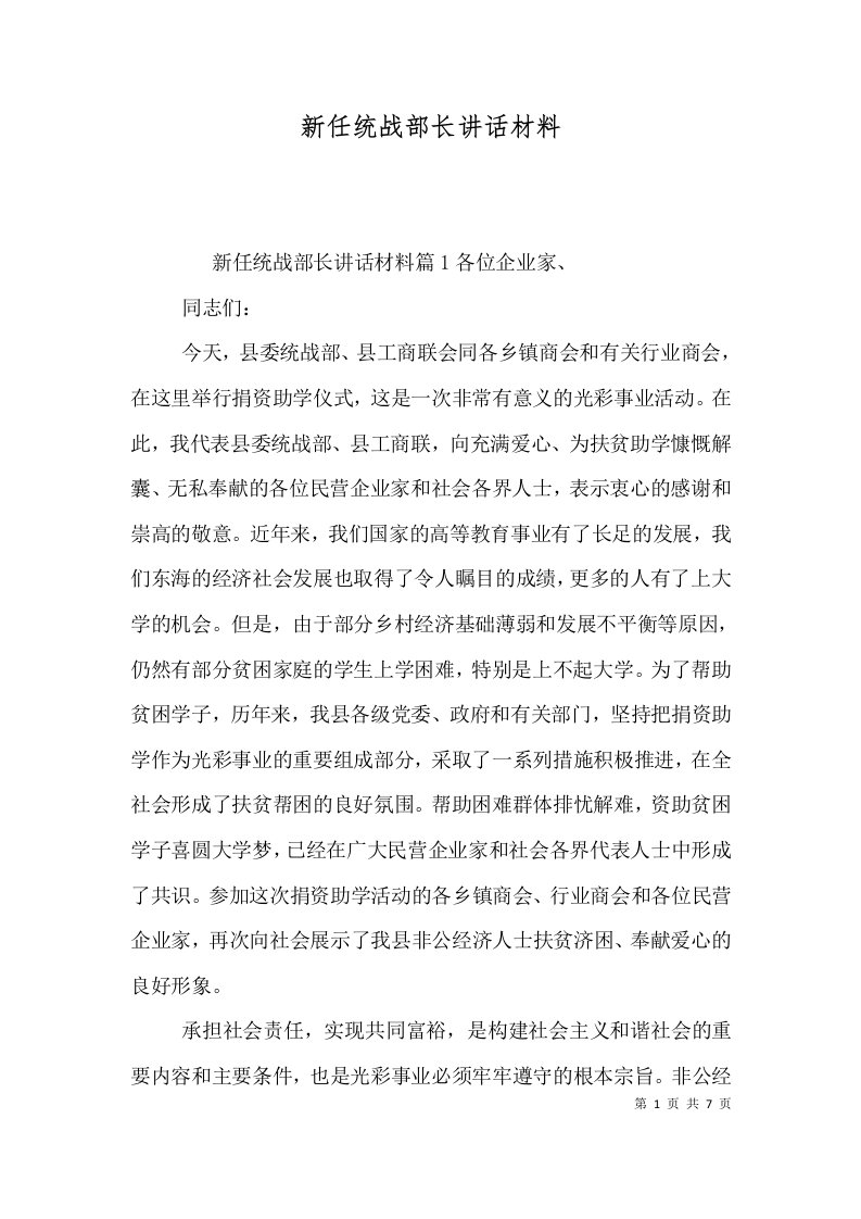 新任统战部长讲话材料