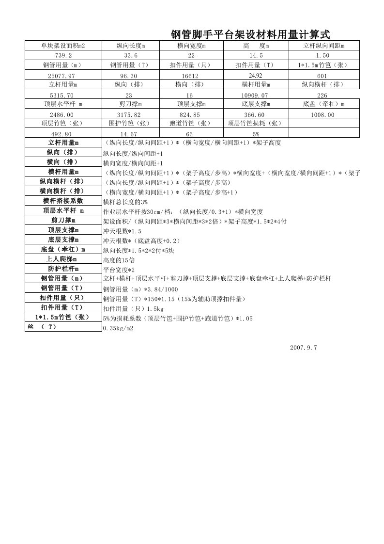 脚手架材料用量计算式