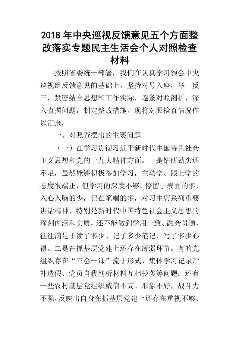 2018年中央巡视反馈意见五个方面整改落实专题民主生活会个人对照检查材料