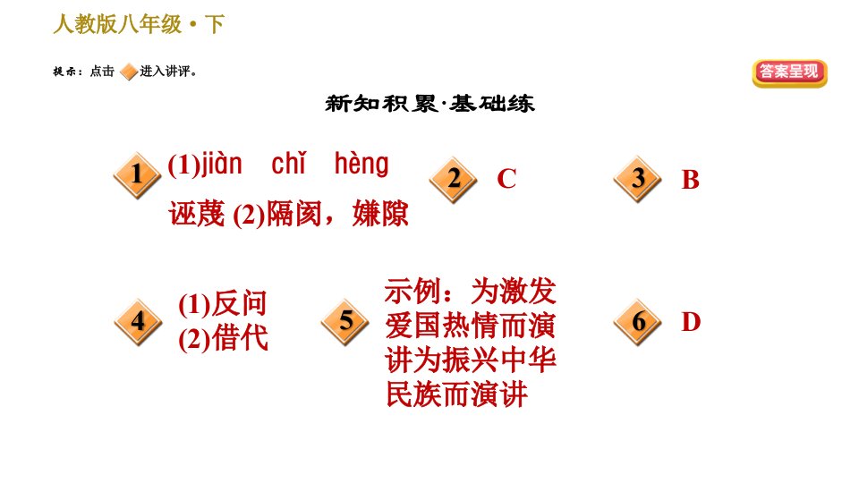 人教版八年级下册语文习题课件第4单元13最后一次讲演0