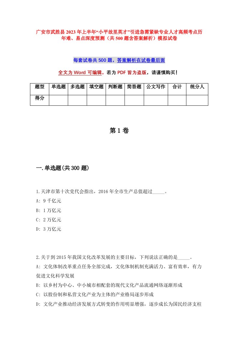 广安市武胜县2023年上半年小平故里英才引进急需紧缺专业人才高频考点历年难易点深度预测共500题含答案解析模拟试卷