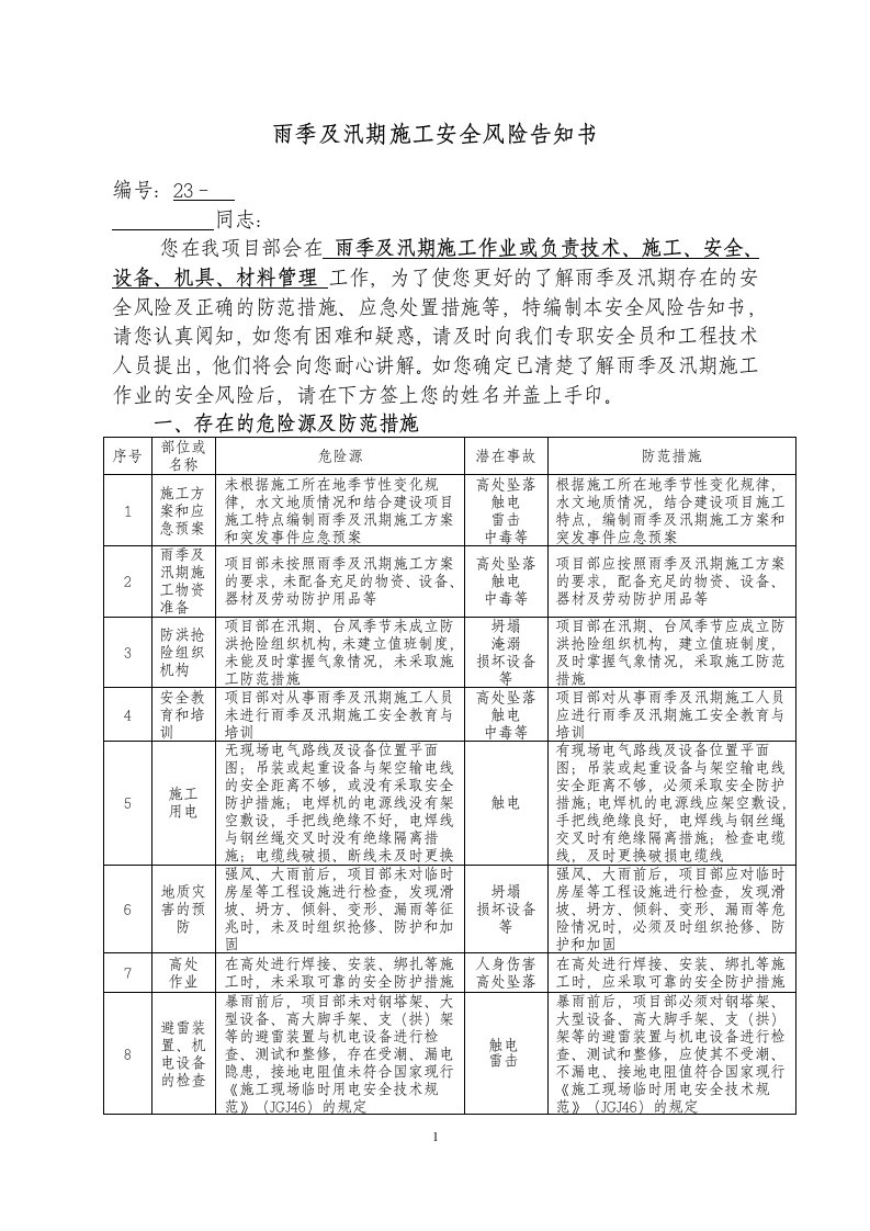 雨季及汛期施工安全风险告知书