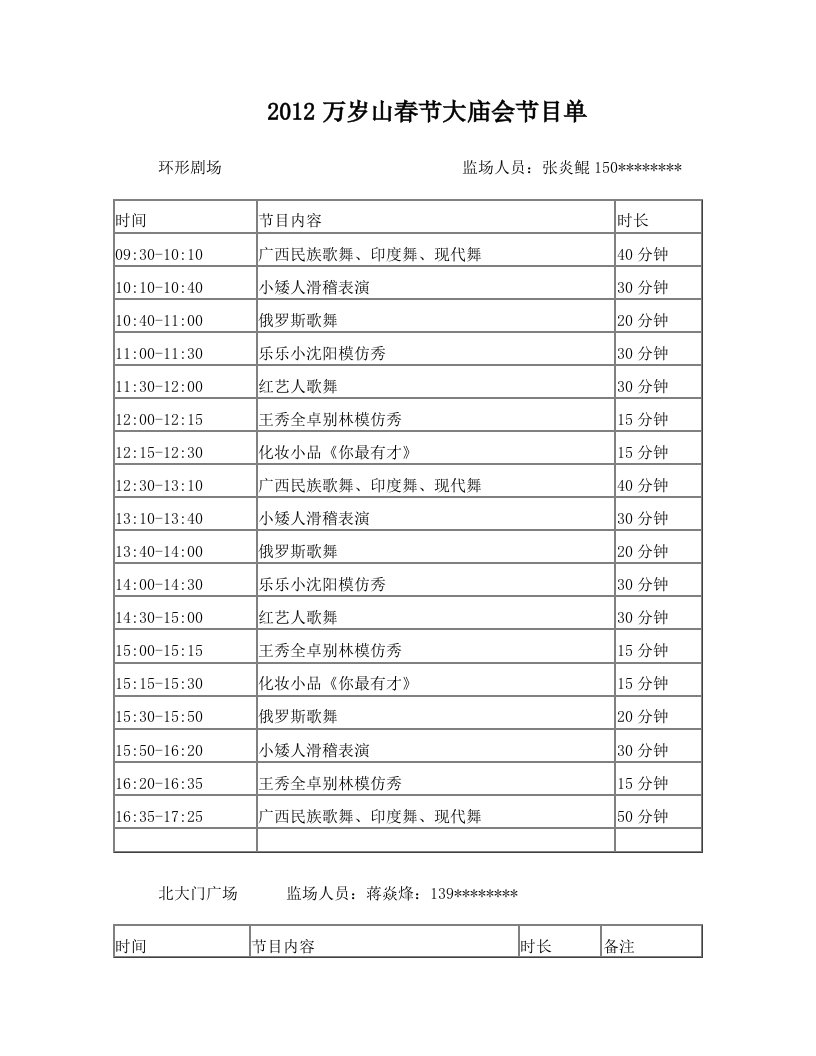 2012万岁山春节大庙会节目单