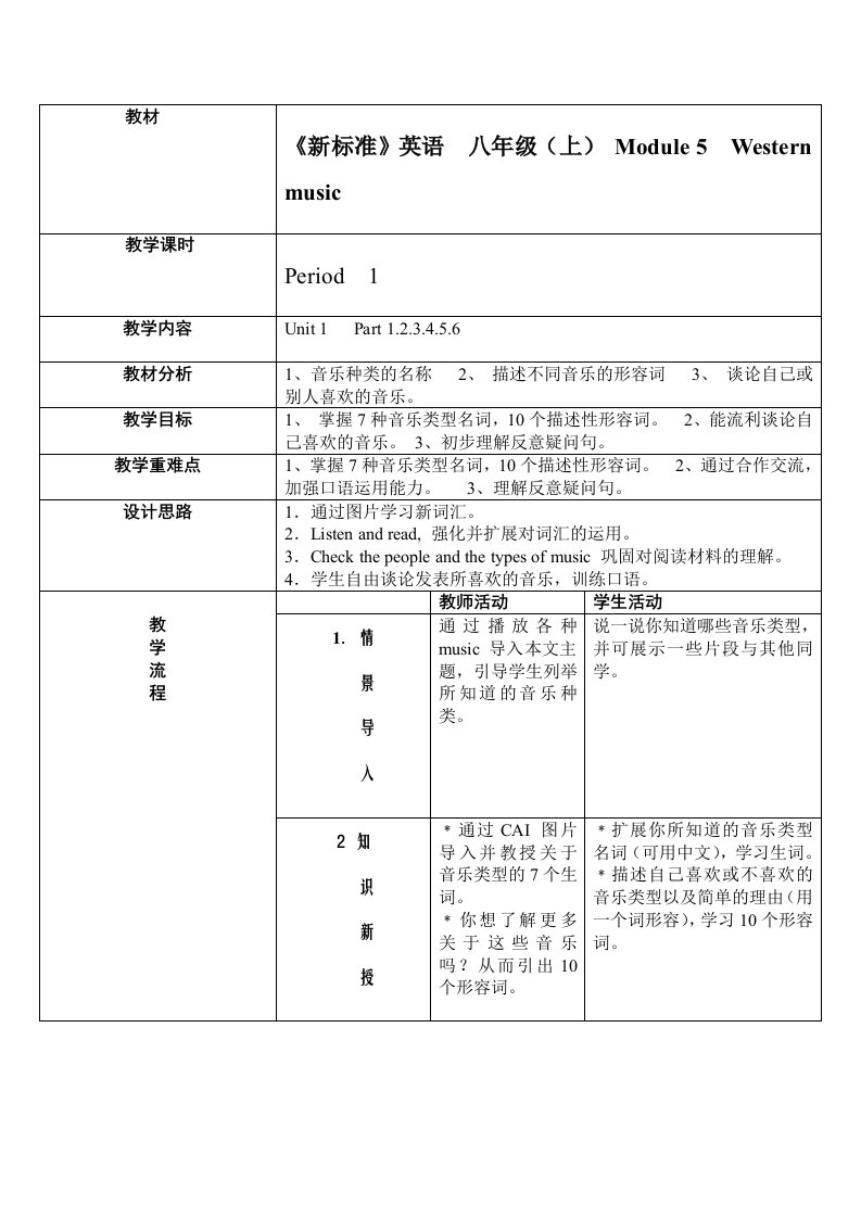 八年级上Module5Westernmusic全模块教案