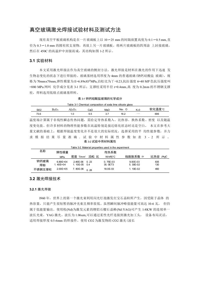 真空玻璃激光焊接试验材料及测试方法