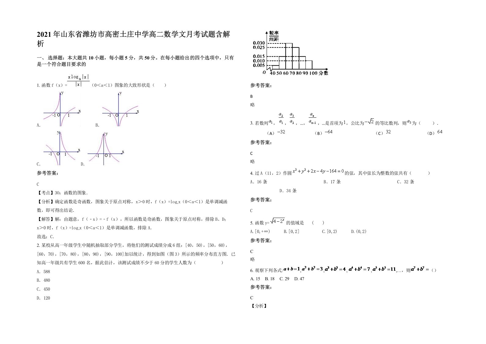 2021年山东省潍坊市高密土庄中学高二数学文月考试题含解析