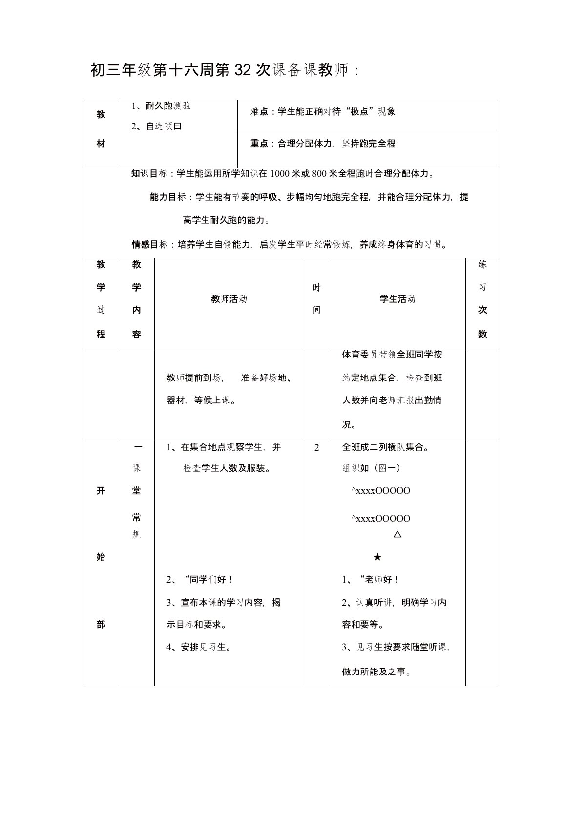 初三体育与健康教案集：耐久跑测验