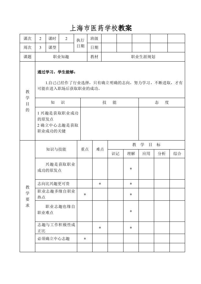 职业生涯规划教案模版