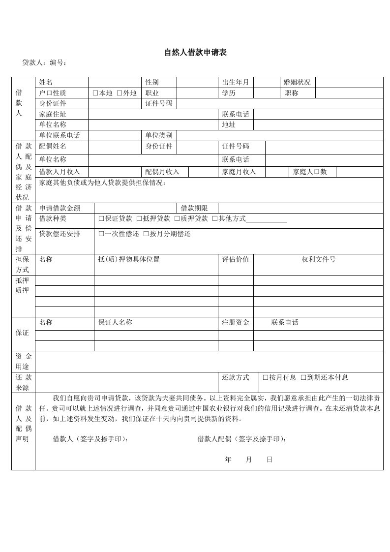 自然人借款申请表