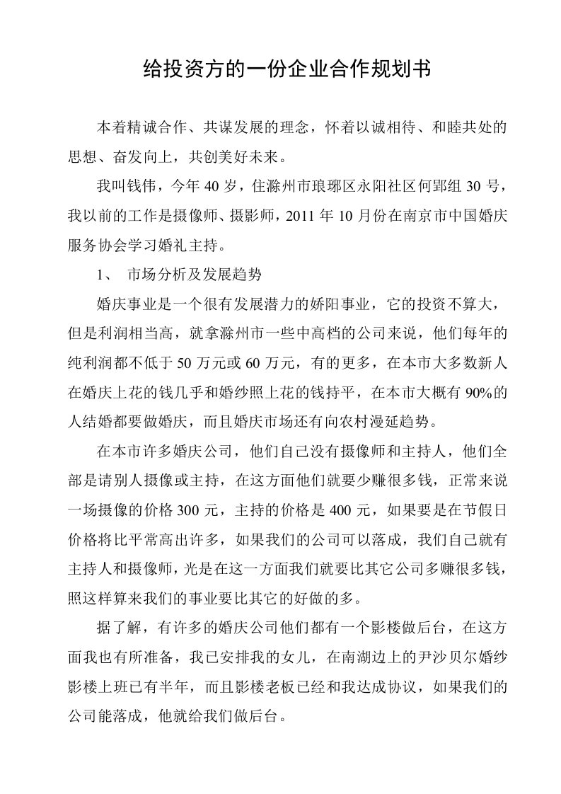 给投资方的一份企业合作规划书