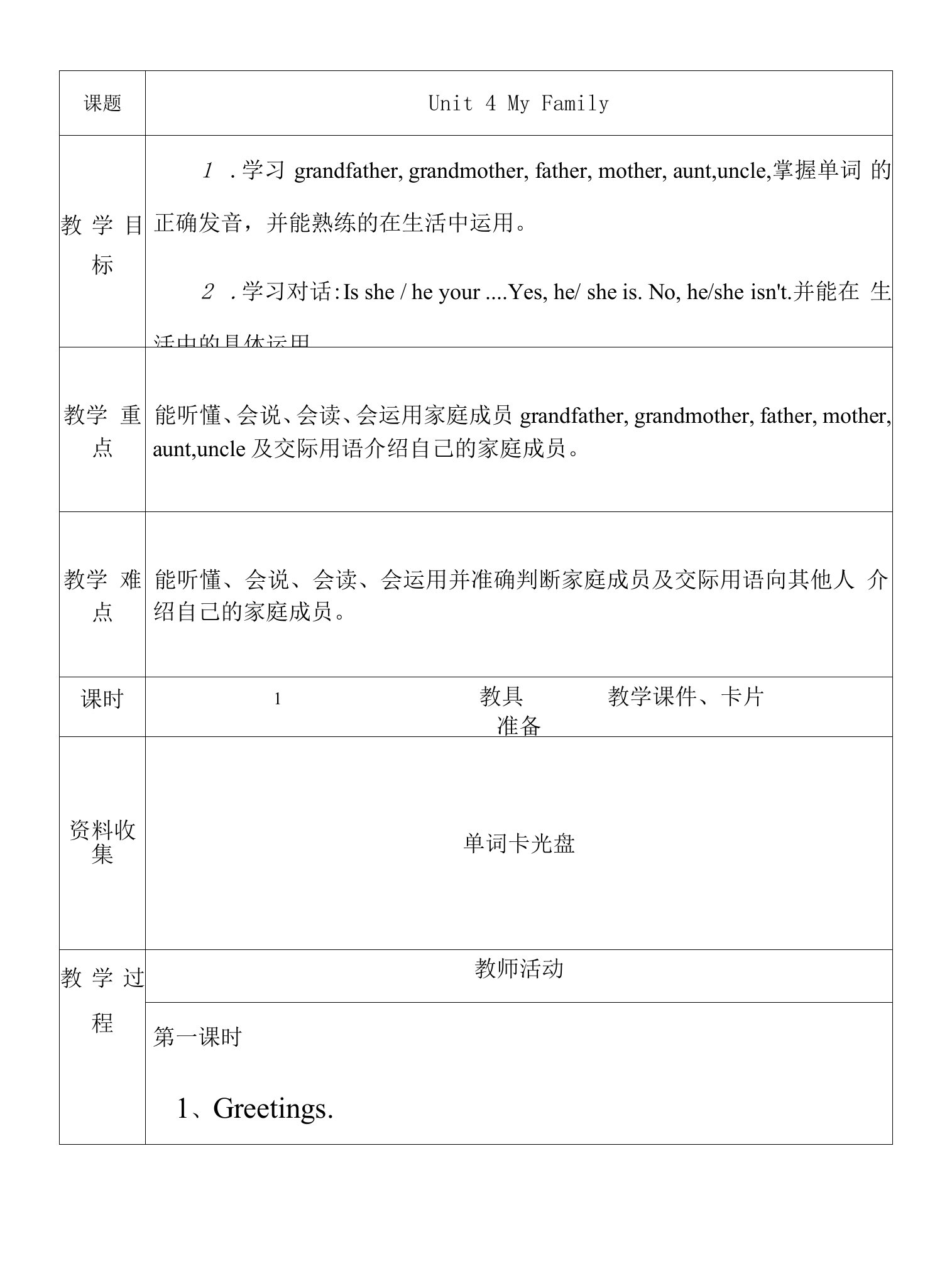 小学英语人教新起点三年级下册（2022年新编）Unit4MyFamily录课教案