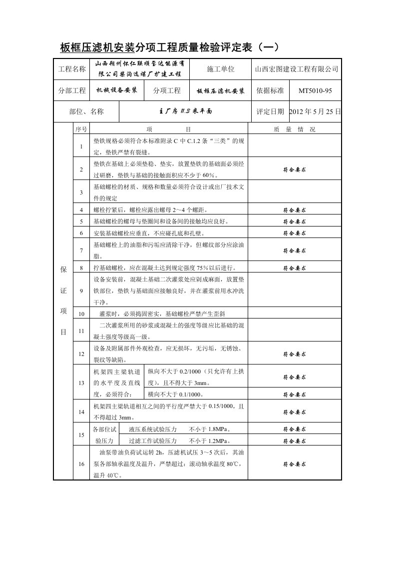 板框压滤机安装分项分段工程质量检验评定表