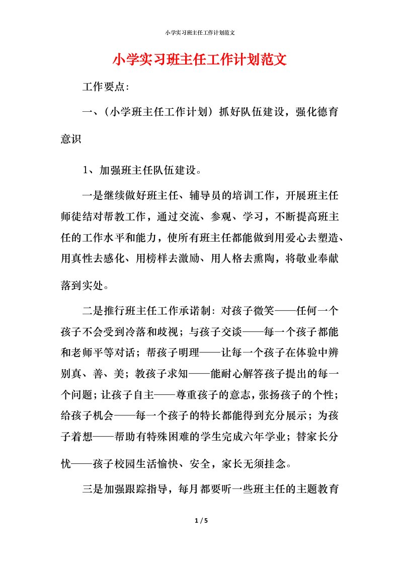 小学实习班主任工作计划范文