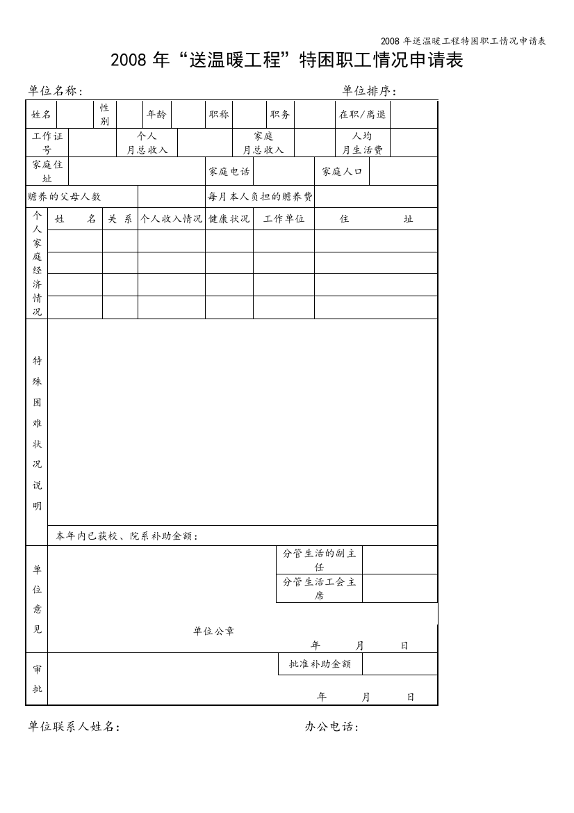 2008年送温暖工程特困职工情况申请表