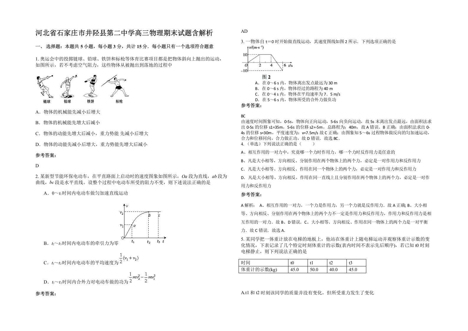 河北省石家庄市井陉县第二中学高三物理期末试题含解析