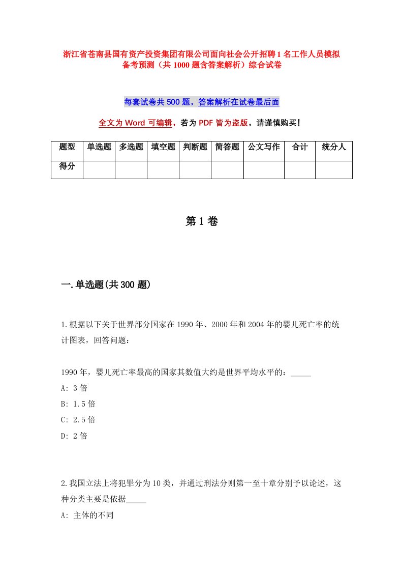 浙江省苍南县国有资产投资集团有限公司面向社会公开招聘1名工作人员模拟备考预测共1000题含答案解析综合试卷