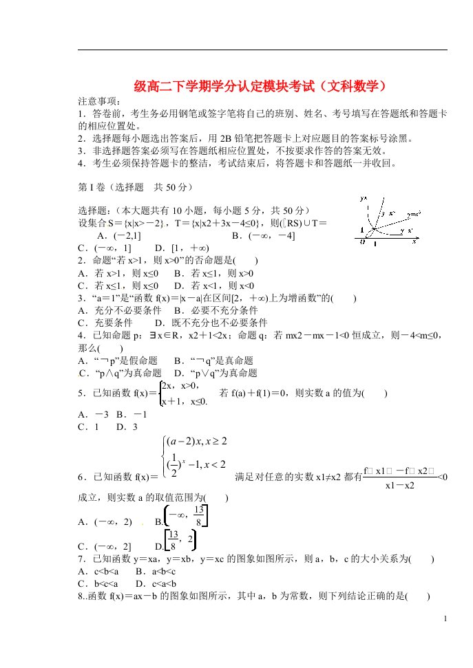 山东省淄博六中高二数学下学期学分认定考试试题