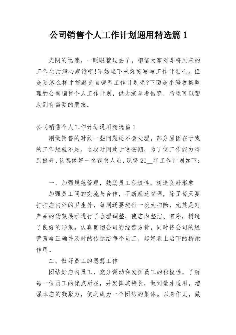 公司销售个人工作计划通用精选篇1