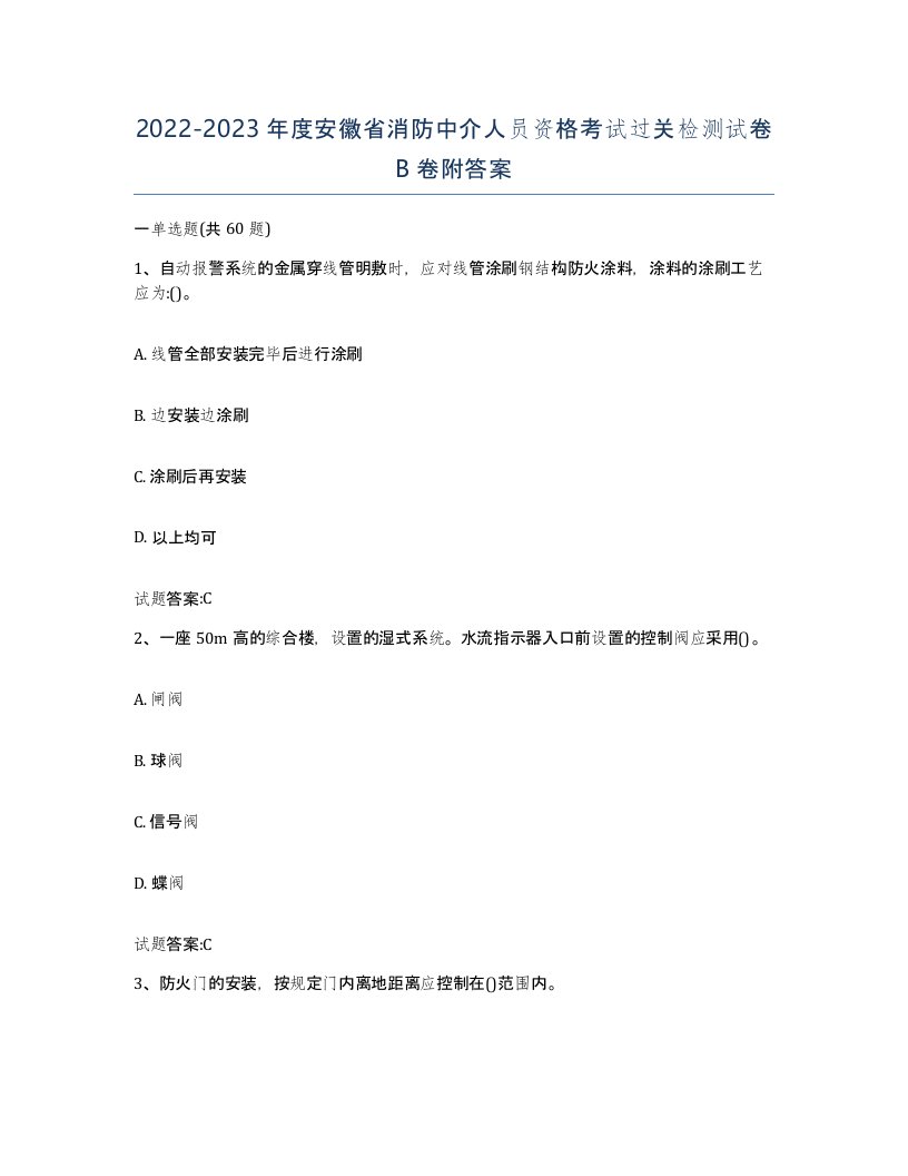 2022-2023年度安徽省消防中介人员资格考试过关检测试卷B卷附答案