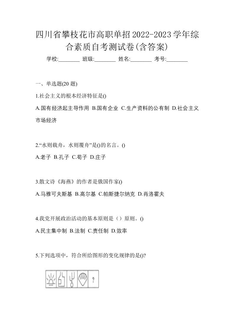 四川省攀枝花市高职单招2022-2023学年综合素质自考测试卷含答案