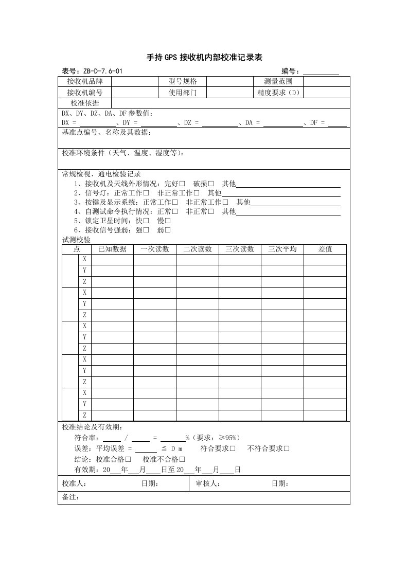 手持GPS接收机内部校准记录表1
